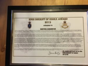 Kristina Carrington High Sheriff Award Essex Certificate with citation