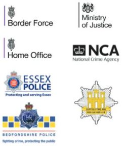 Logos for Border Force Home office essex police national crime agency ministry of justice and bedfordshire police
