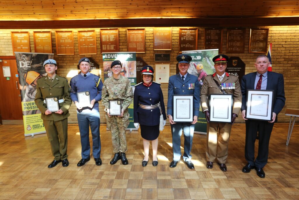 The Lord-Lieutenant for Suffolk with teh Cadets, Adult volunteers and Reservists receiving an award
