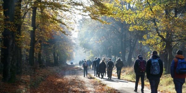 677 Squadron reservists walking along a woodlands path on a sunny day