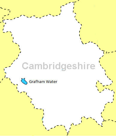 Map showing grafham water inside an outline of cambridgeshire