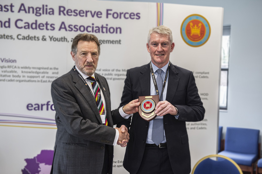 Outgoing Chair Ian Twinley receives RFCA plaque from the President of the Association, HM Lord-Lieutenant Mr Robert Voss