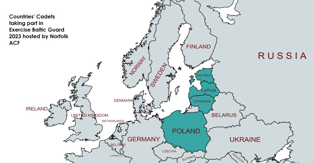 Map of countries with cadets participating in Exercise Baltic Guard 2023
