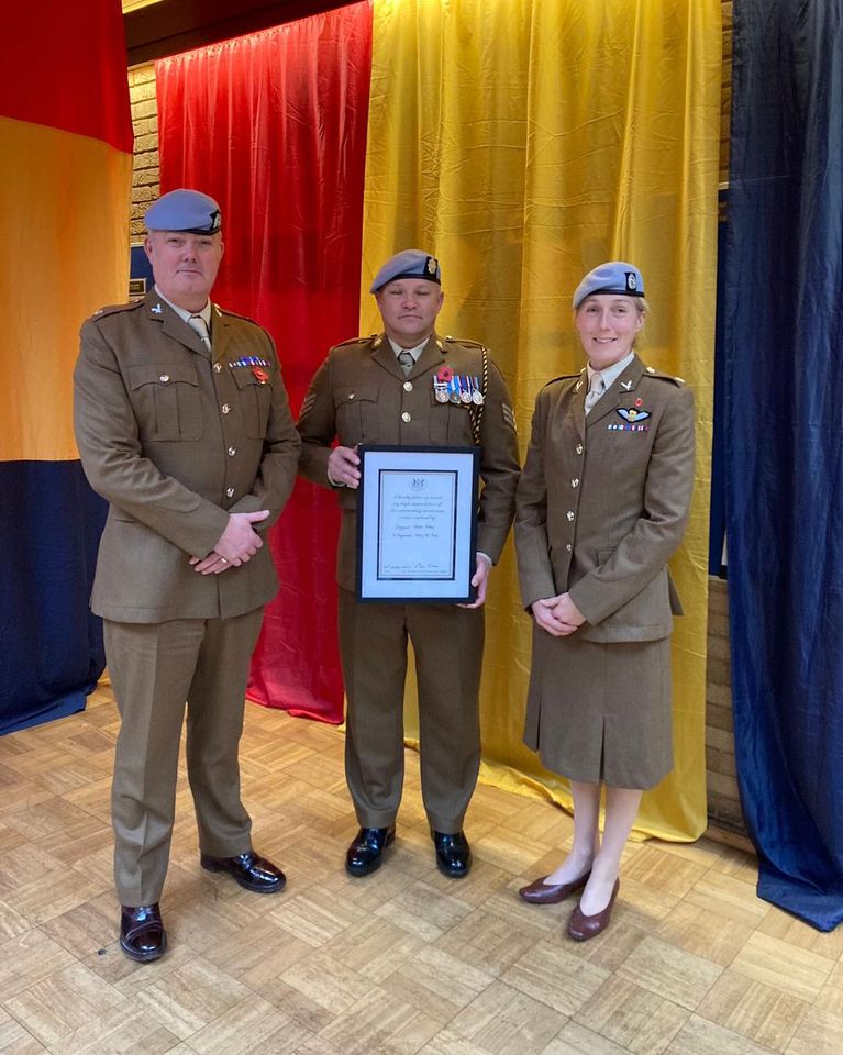 Lt Col Archer with Sgt Alders and WO1 Smith who were awarded the Lord Lieutenant's Meritorious Service Award